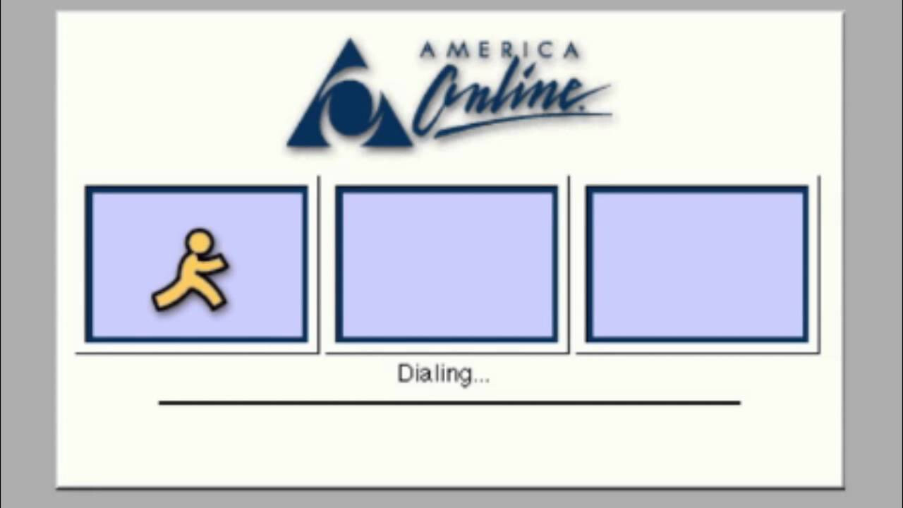 dialing… an america online connecting screen, with three images, but only the first is revealled. the first image is a stick figure running